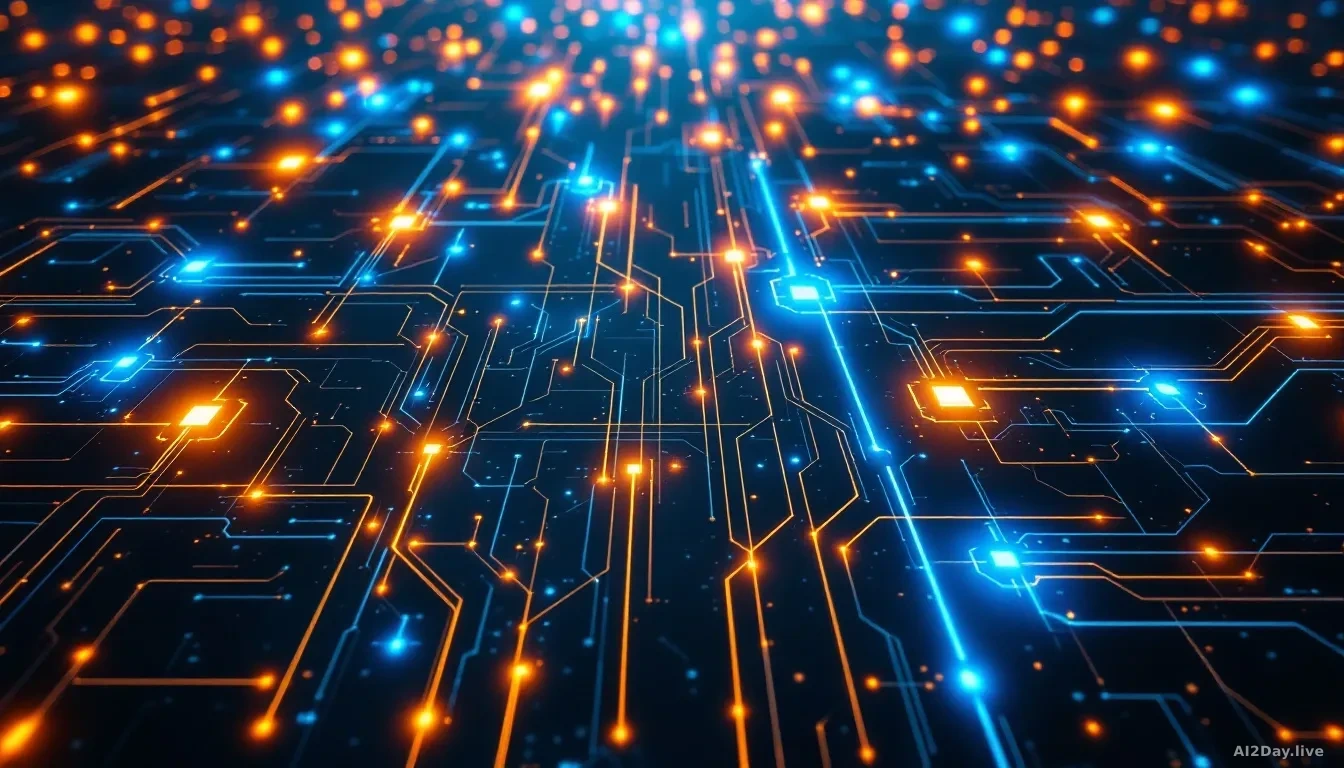 A wide flat-lay aerial view of a busy network of interconnected nodes and pathways rendered as glowing circuit-board lines on a dark surface, with nodes of diff