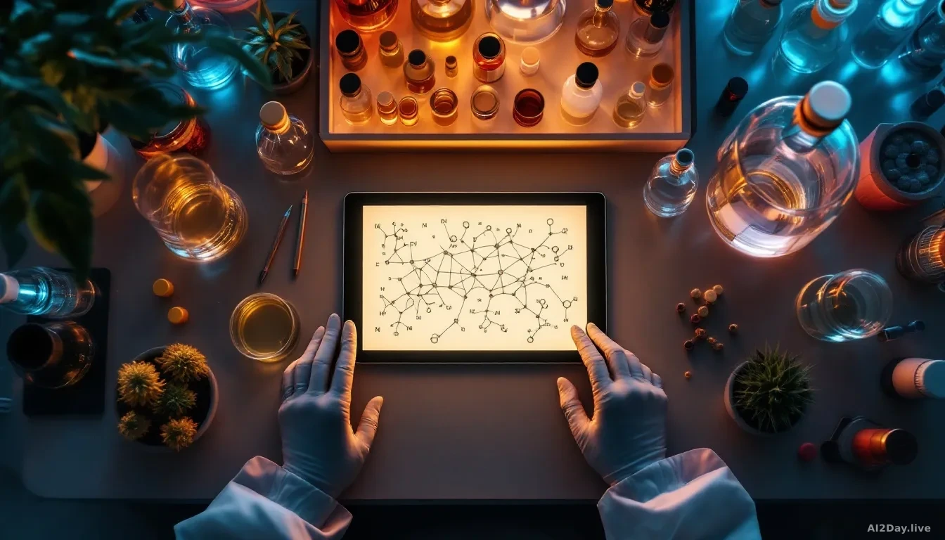 A top-down flat-lay view of a laboratory bench covered with glass vials, molecular model kits, and a glowing tablet screen displaying abstract network diagrams 