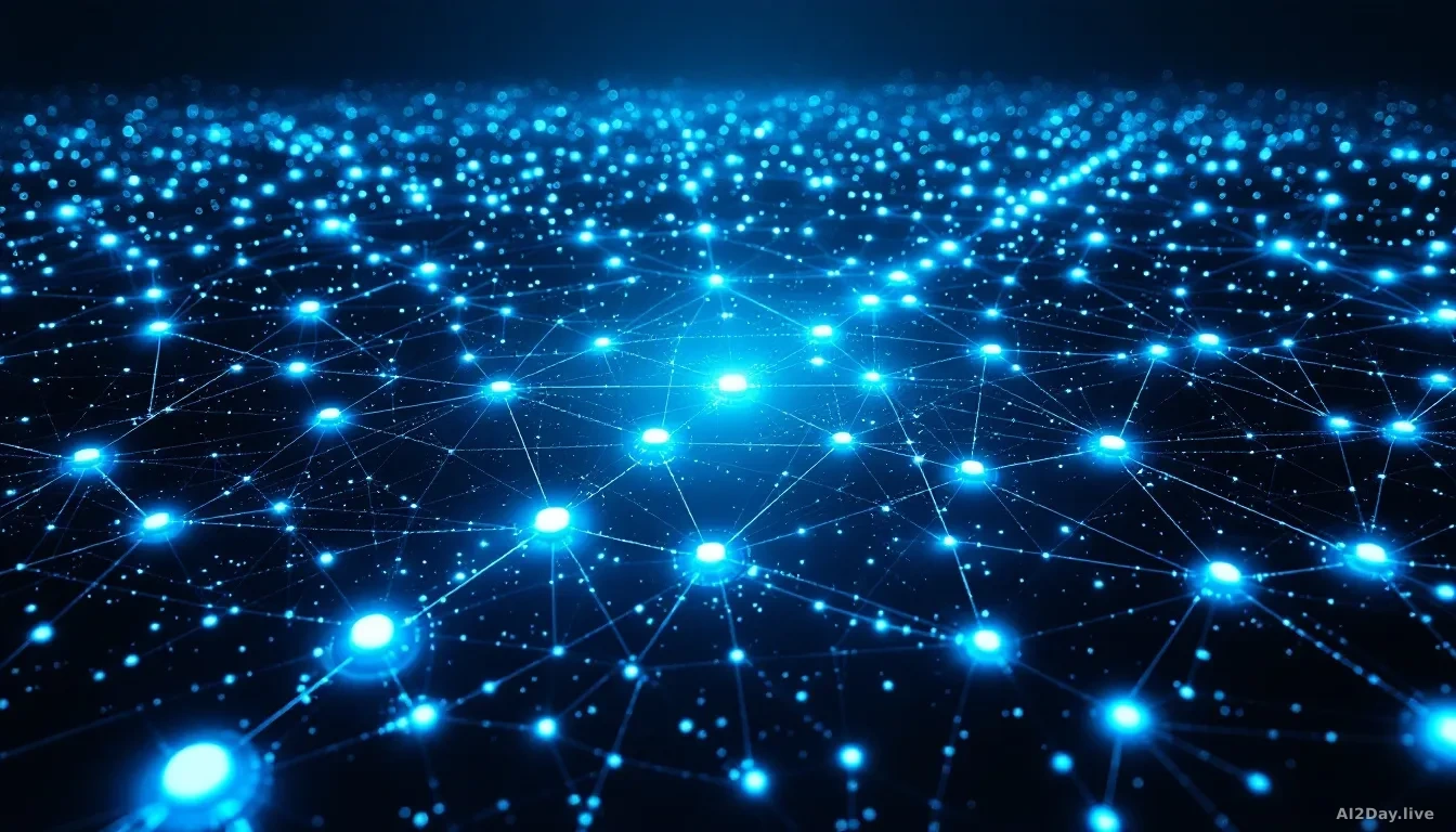 A vast glowing network of interconnected nodes and pathways spreading across a dark digital landscape, each node pulsing with soft blue and white light, represe