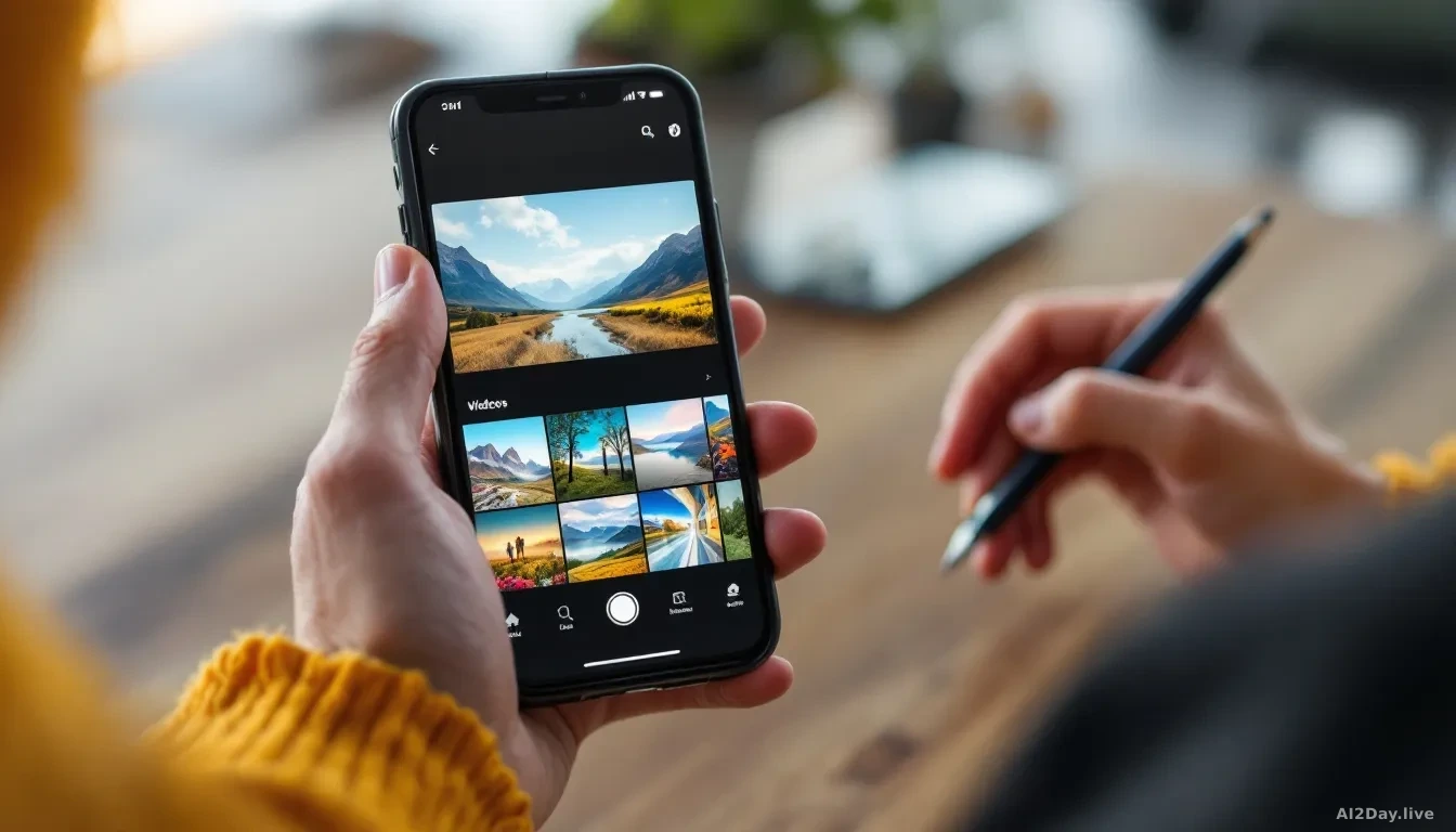 A smartphone screen showing the Reelful app in action, with a user selecting photos and videos from a camera roll