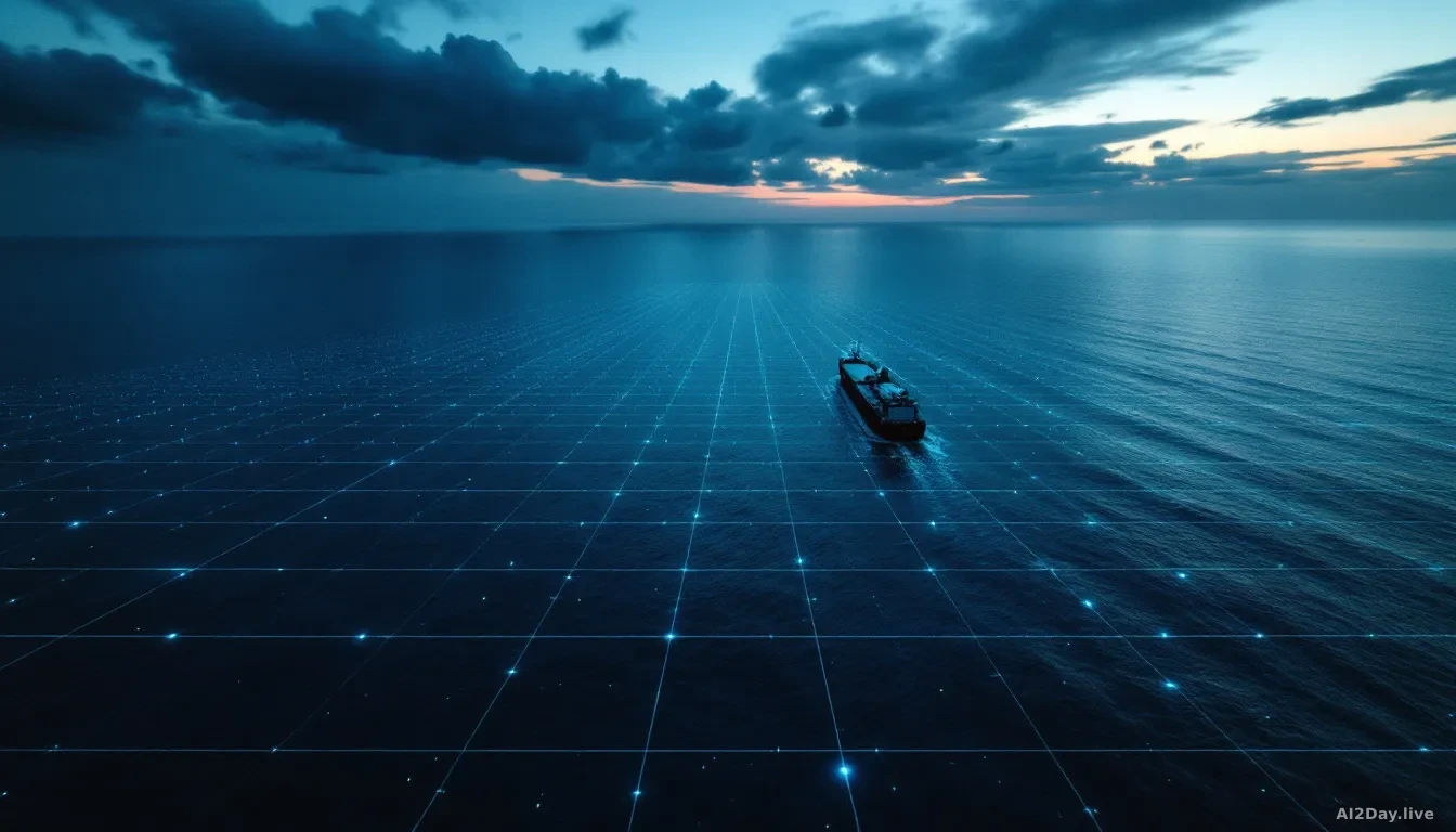 Aerial 16:9 photoreal news-editorial photograph of a vast deep-blue ocean surface at dusk, a single large cargo vessel visible in the distance, with faint glowi