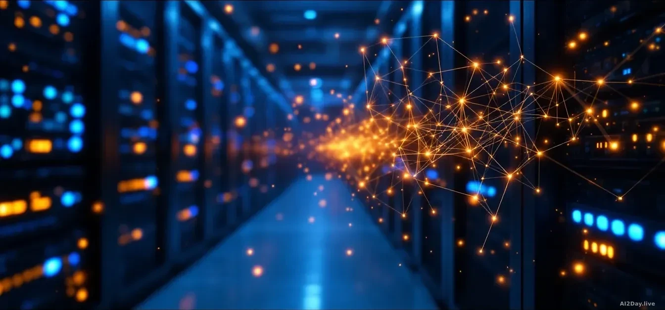 A glowing neural network diagram rendered in deep blue and amber tones spreads across a dark server room background, with rows of blinking server racks visible 