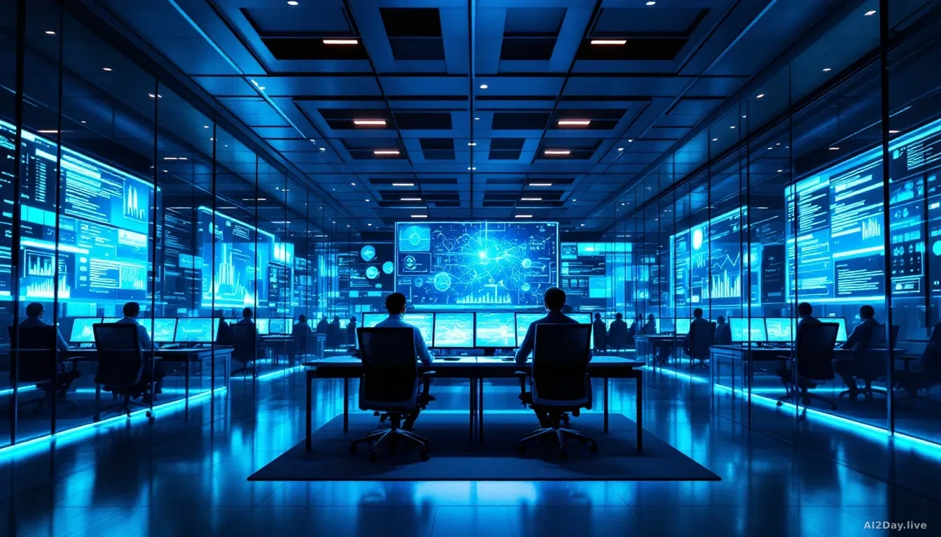 A glass-walled open-plan office at night, bathed in cool blue light from multiple large monitors showing abstract data visualisations and flowing code
