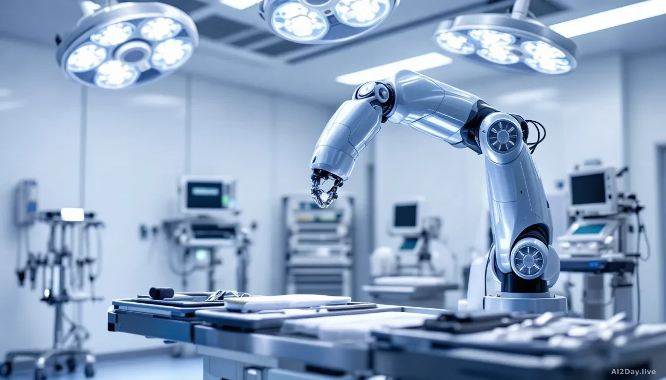 A gleaming surgical robot arm in an empty, well-lit modern operating theatre, no people present, stainless steel instruments resting unused on a tray nearby, st