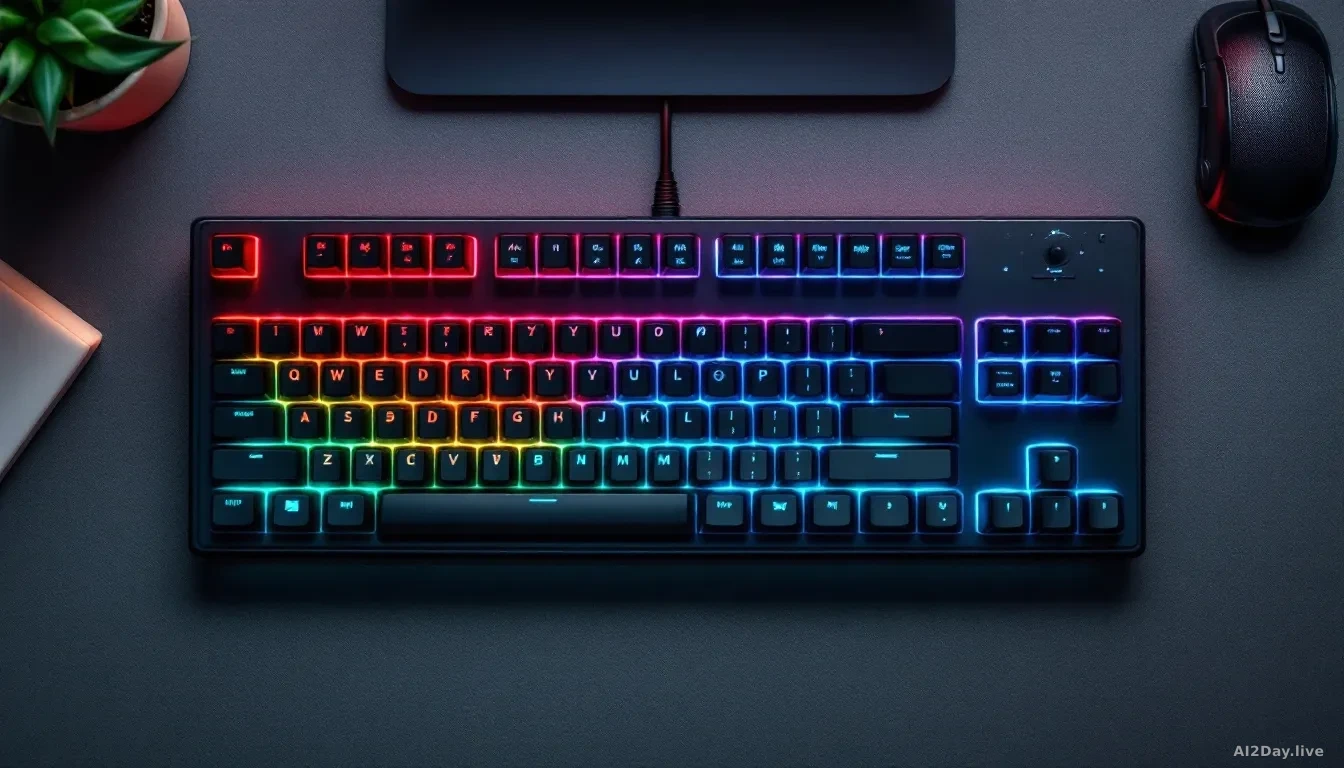 Close-up top-down view of a sleek, dark mechanical keyboard with softly glowing coloured backlit keys arranged in a modern layout, sitting on a minimal grey des