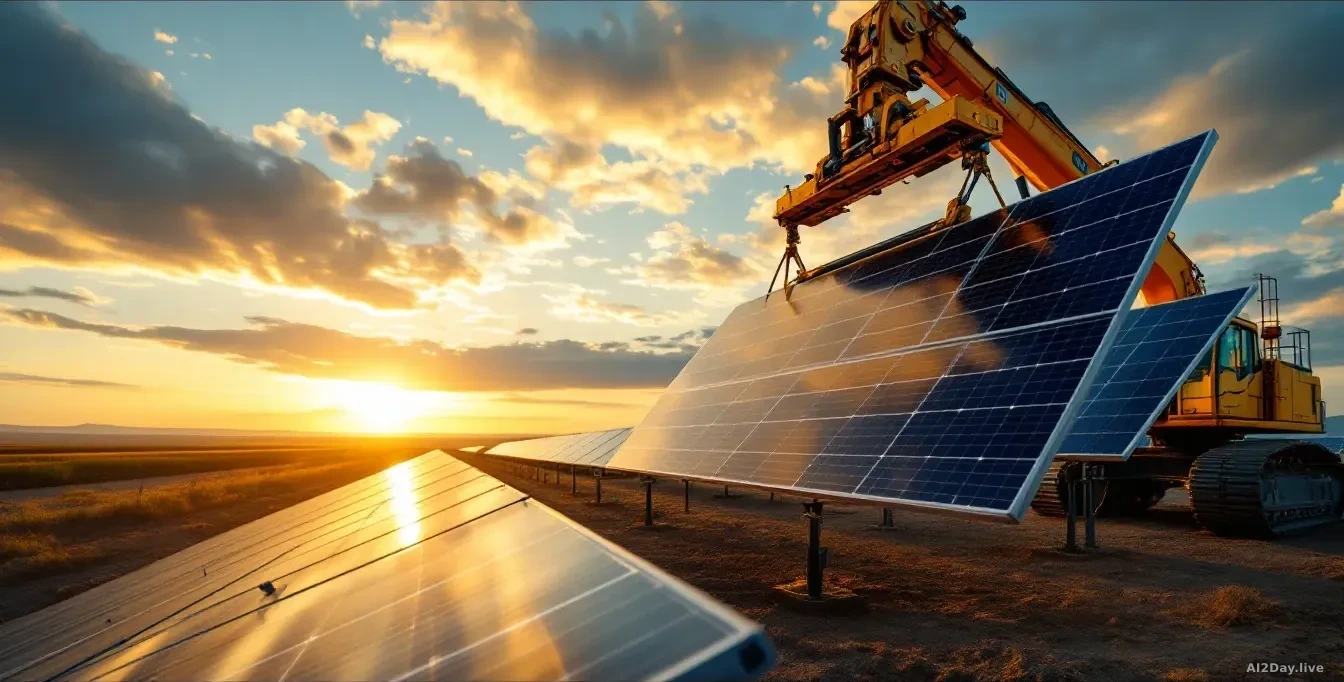 Photoreal news-editorial 16:9 photograph taken at golden hour on a vast flat utility-scale solar farm