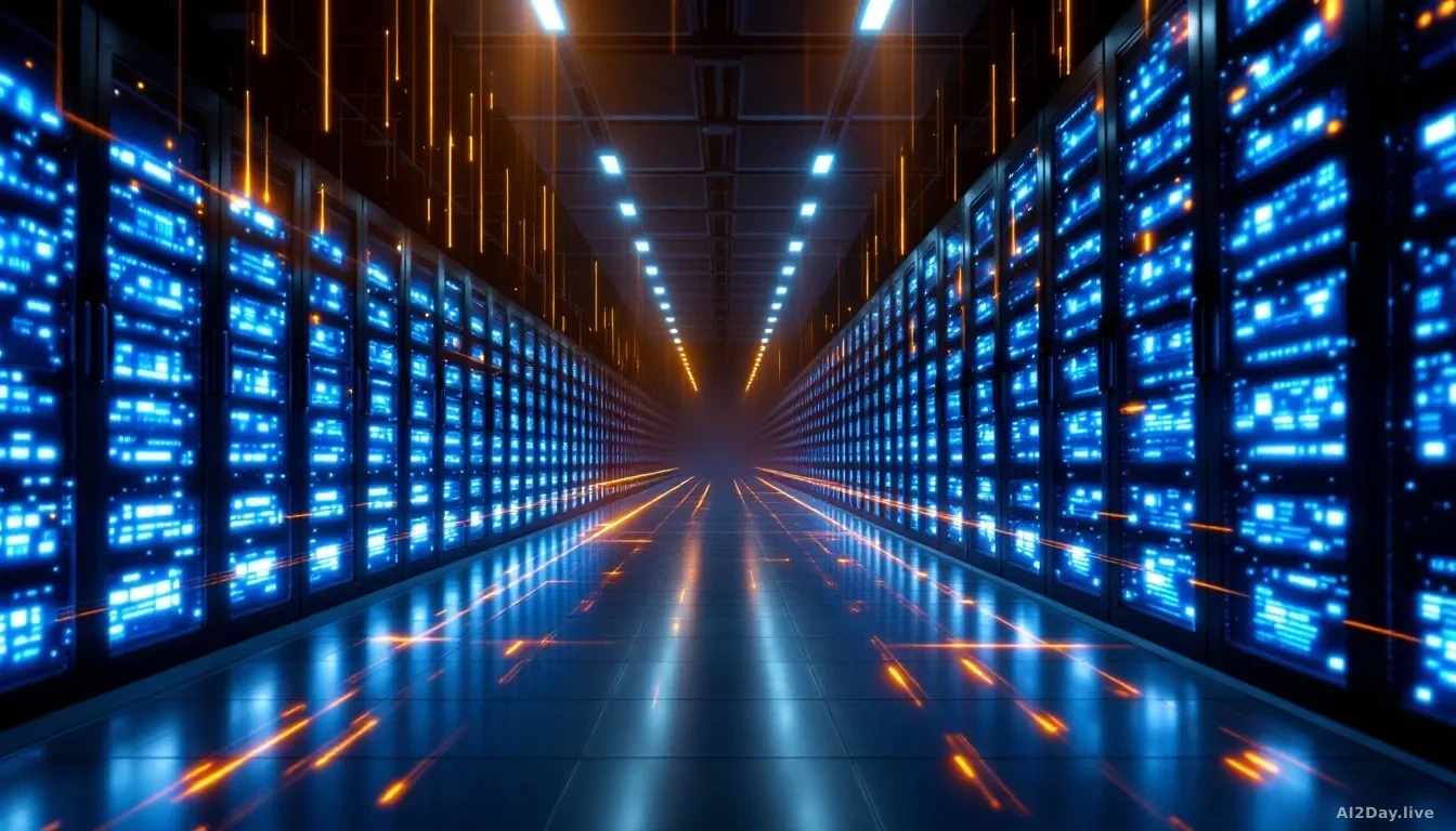 A vast digital archive rendered as glowing blue filing cabinets extending to the horizon in a dark server room, with beams of bright white light scanning rapidl