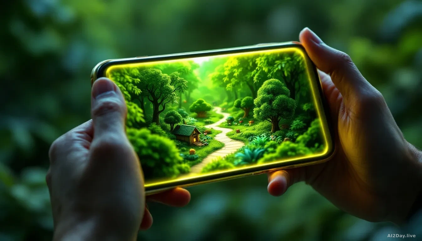 A glowing smartphone screen held in two hands displaying a lush green 3D forest game environment with small cartoon-style structures and a winding path, soft am