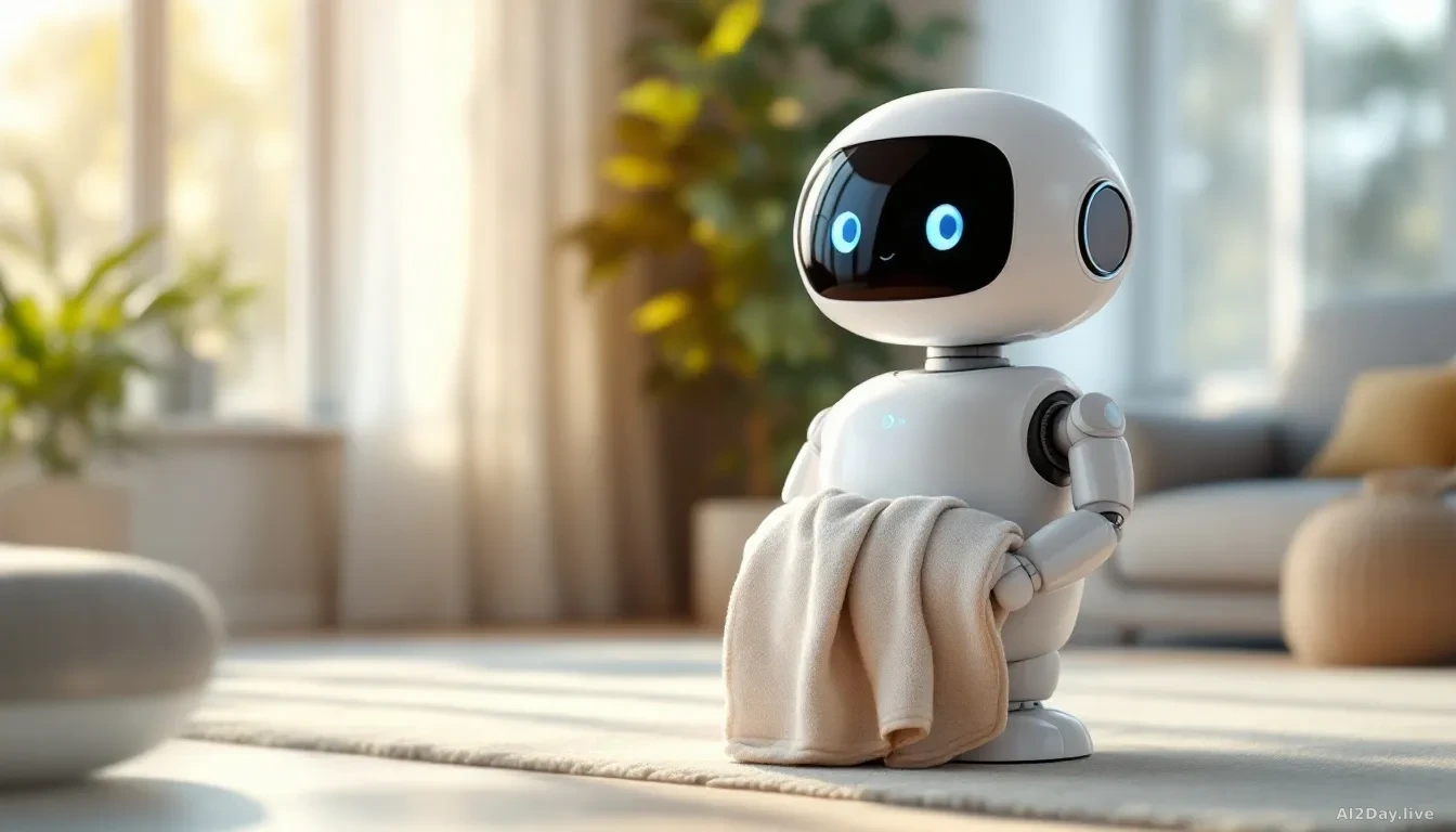 A friendly, rounded white home robot with a soft fabric-covered body and a simple cartoon-like face display stands in a bright, tidy modern living room, its two