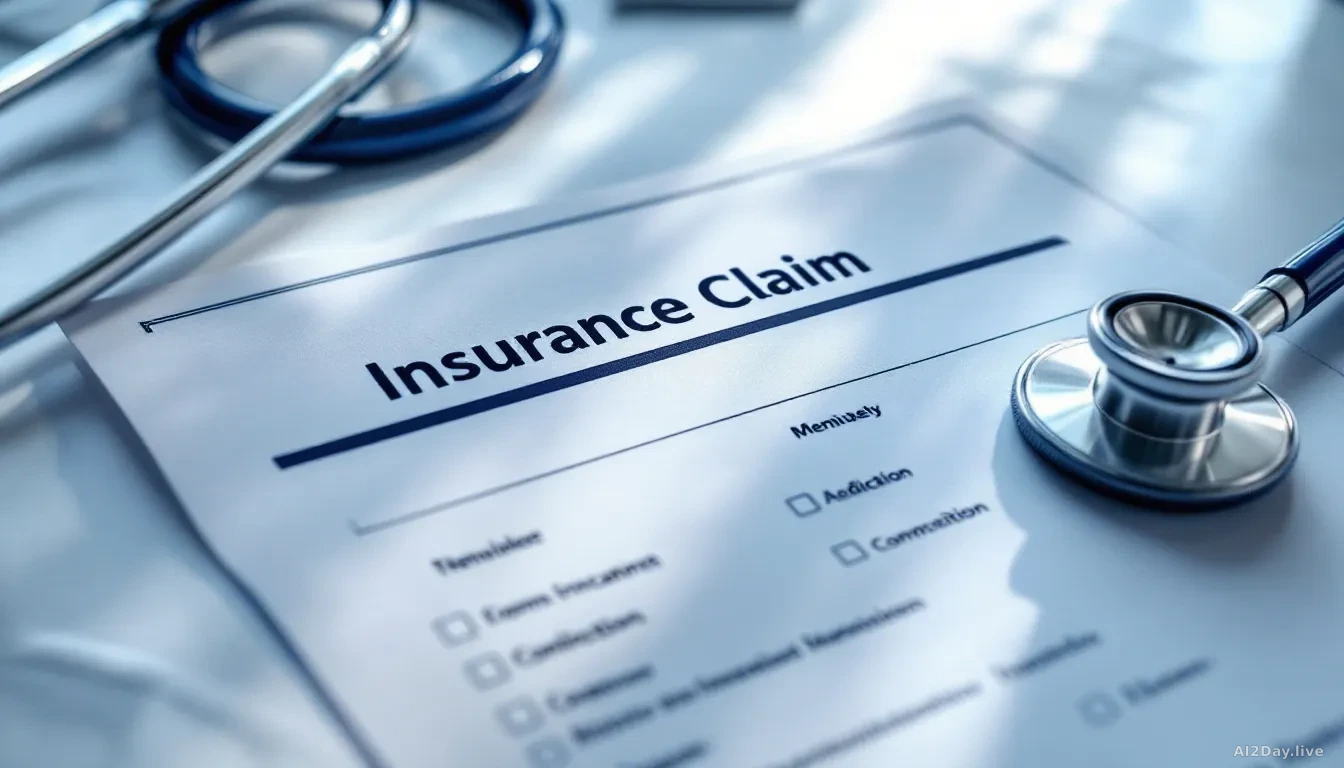 A close-up, photoreal, news-editorial 16:9 image of a blank medical insurance claim form on a clinical white desk, with a stethoscope resting beside it and soft