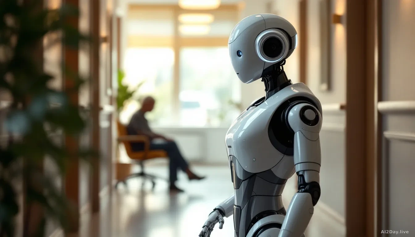A sleek white service robot standing in a softly lit modern care home corridor, its body angled slightly away from a blurred seated figure in the background, on