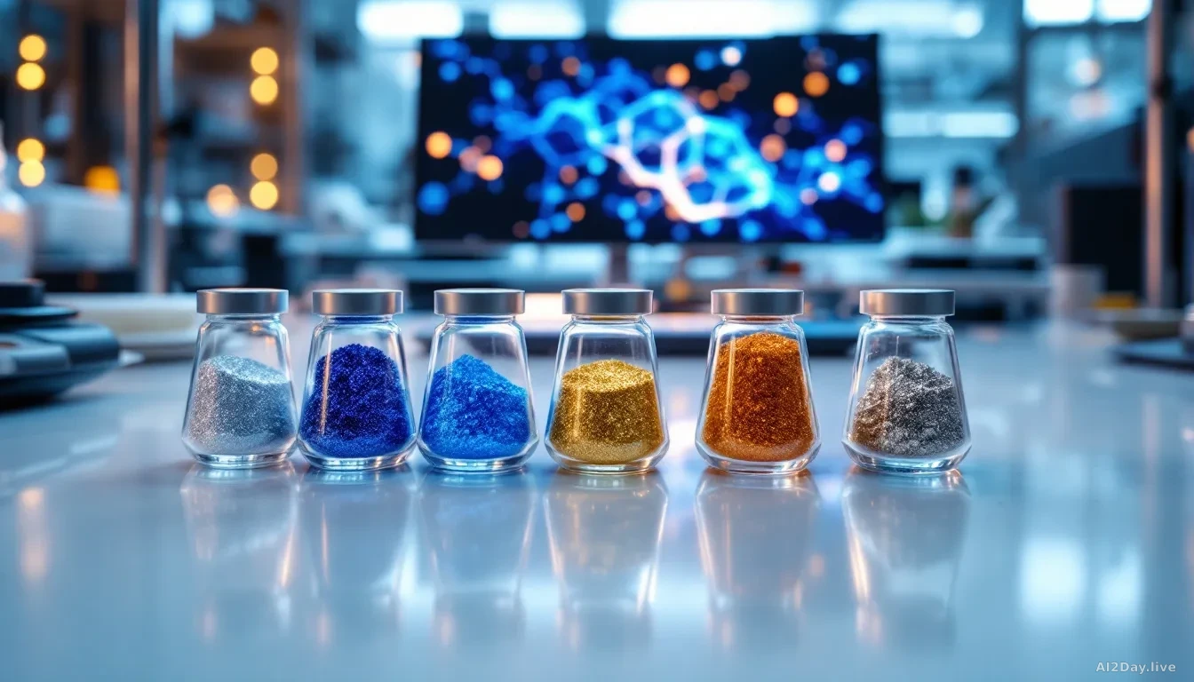A photorealistic 16:9 editorial photograph of a high-tech materials science laboratory bench, covered with small glass vials containing metallic powders in silv