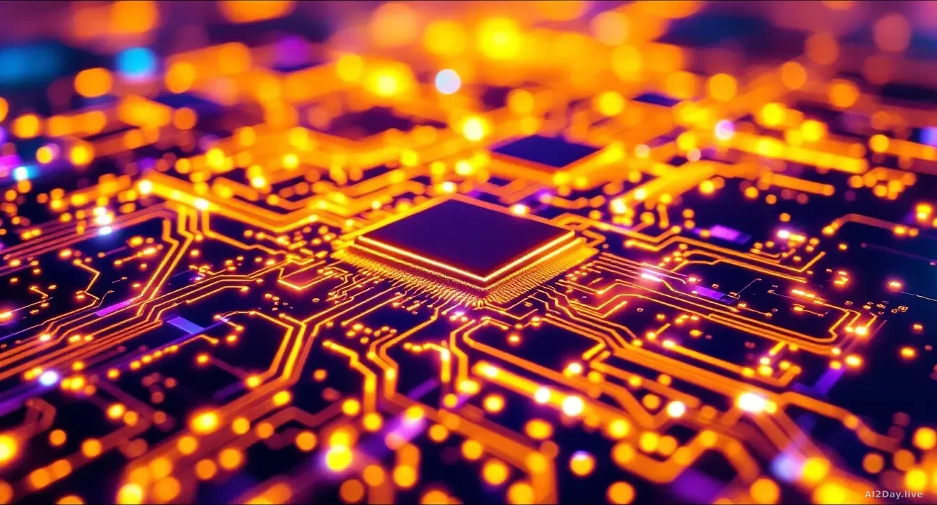 Extreme close-up macro photograph of a glowing silicon wafer surface showing intricate geometric circuit patterns in vivid amber and violet under clean-room lig