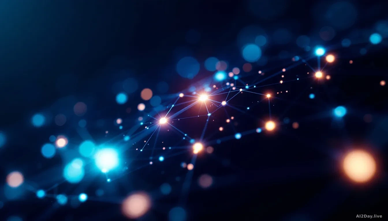 A glowing abstract grid of interconnected light nodes against a deep blue-black background, most connections fading to darkness while a selective few pulse brig