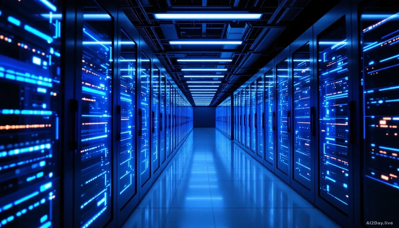 A sleek array of glowing server racks in a modern data centre, cool blue and white light reflecting off polished metal surfaces, shot from a low angle looking u
