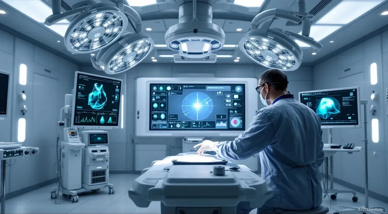 An advanced operating room with high-tech AI equipment, showcasing Medtronic's Touch Surgery Aide in action, featuring screens displaying real-time surgical dat
