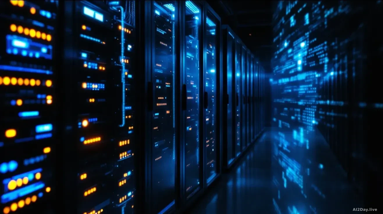 Photoreal editorial image of a dimly lit server room with rows of glowing blue and amber indicator lights on rack-mounted machines, one open cabinet showing exp